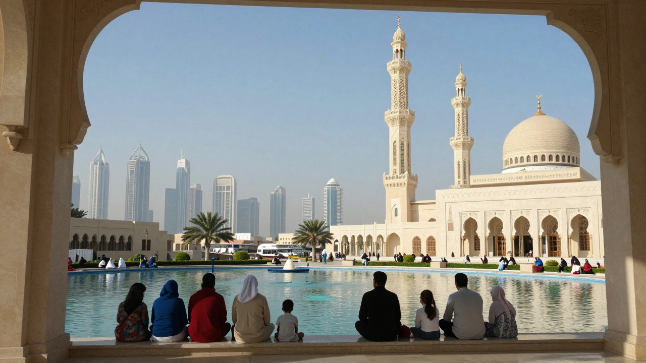 Jumeirah Mosque in foreground with Dubai's skyline behind, families relaxing in peaceful gardens.