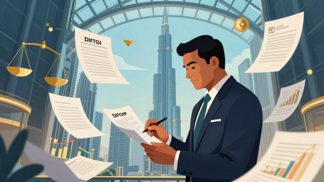 Lawyer reviewing commercial documents under DIFC courthouse's glowing ceiling.