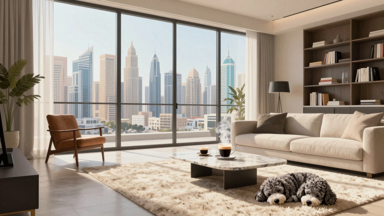 Luxury apartment interior with floor-to-ceiling windows, minimalist decor, and morning light illuminating a coffee table.