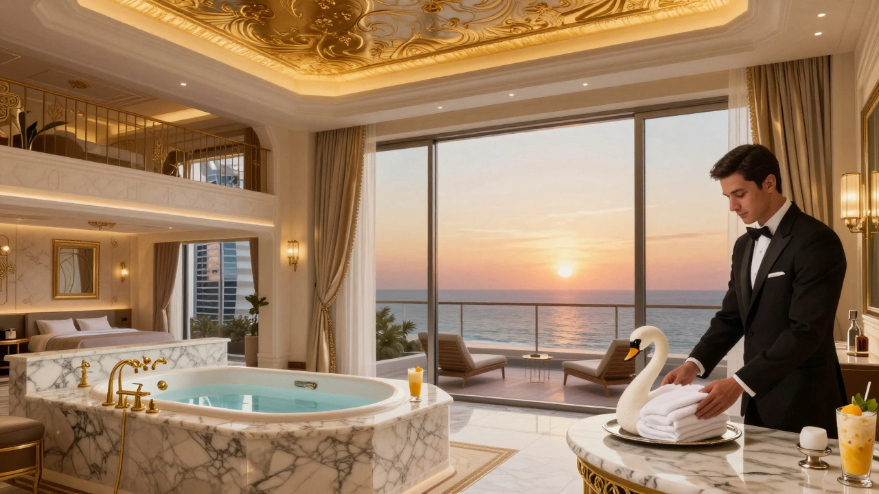 Luxury suite with butler placing a swan towel by a marble tub overlooking the ocean.