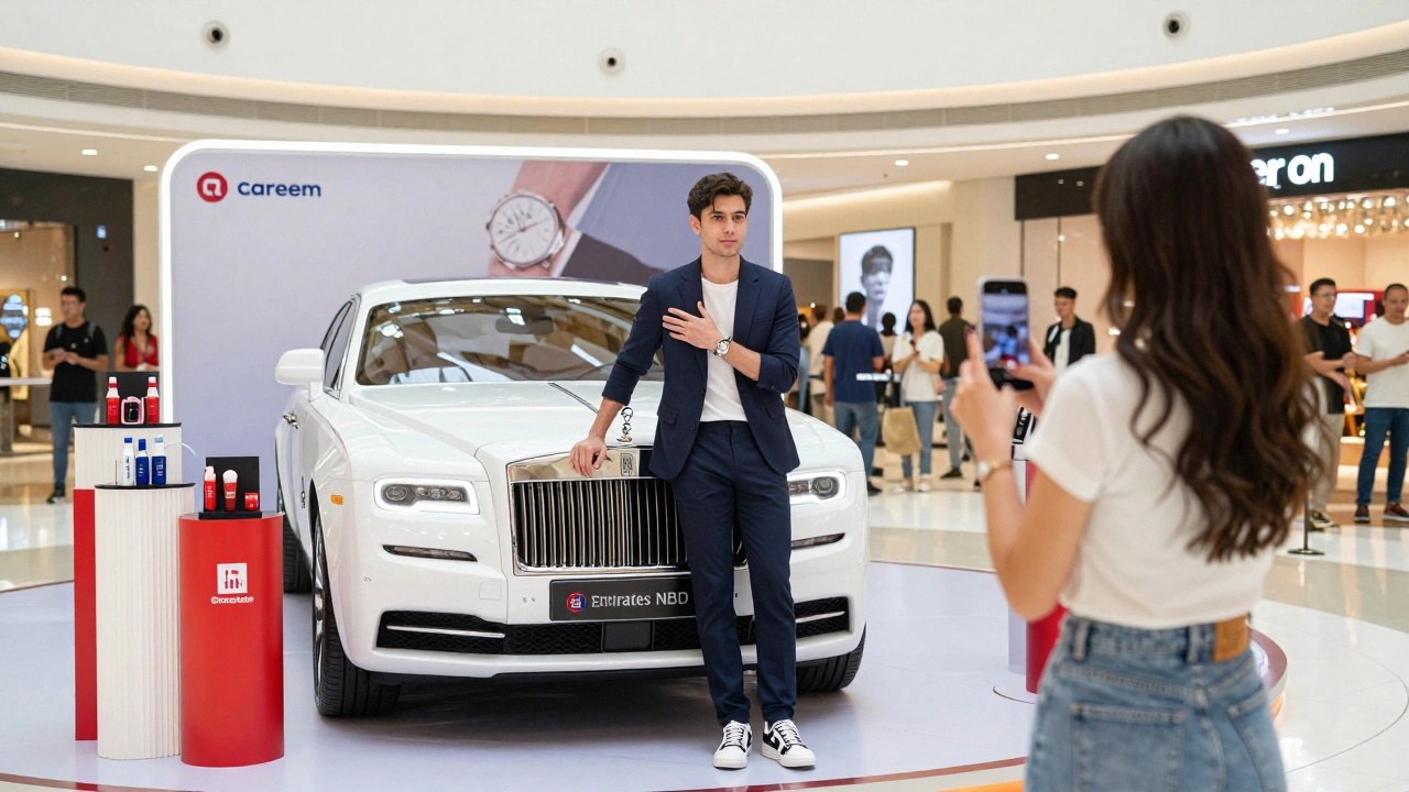 Male model and female influencer in a Dubai mall, posing for a luxury watch and TikTok ad.