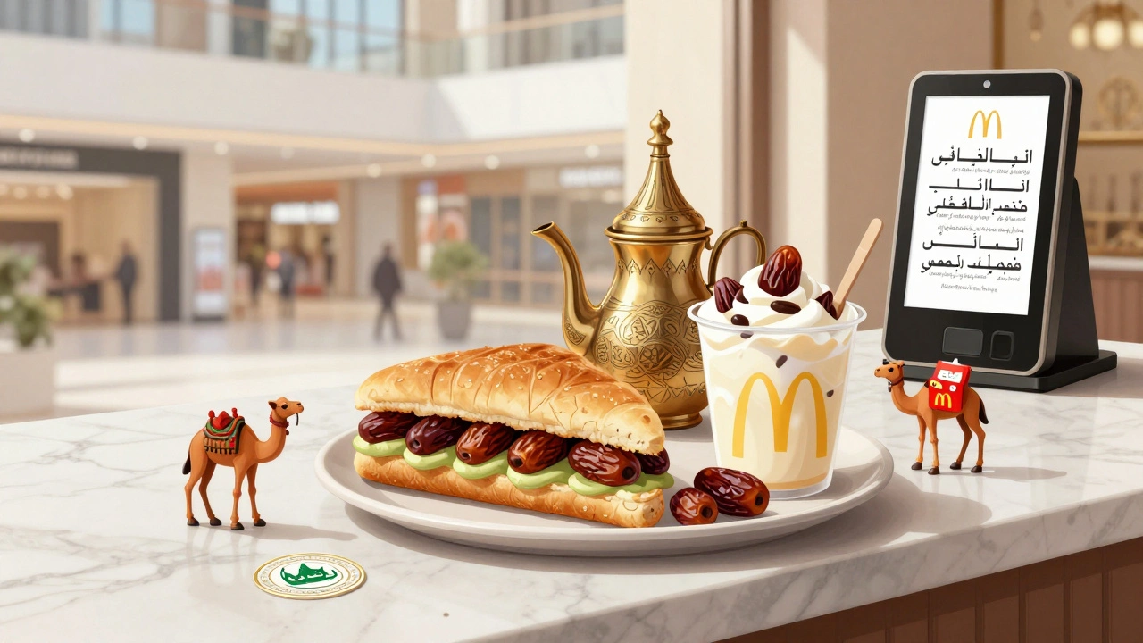 McArabia sandwich and date McFlurry on a countertop with Arabic coffee and halal certification seals.
