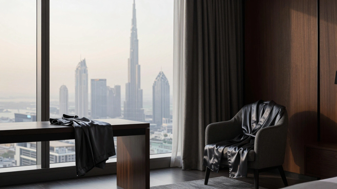 Minimalist Armani Hotel suite at dawn with natural light and skyline view.