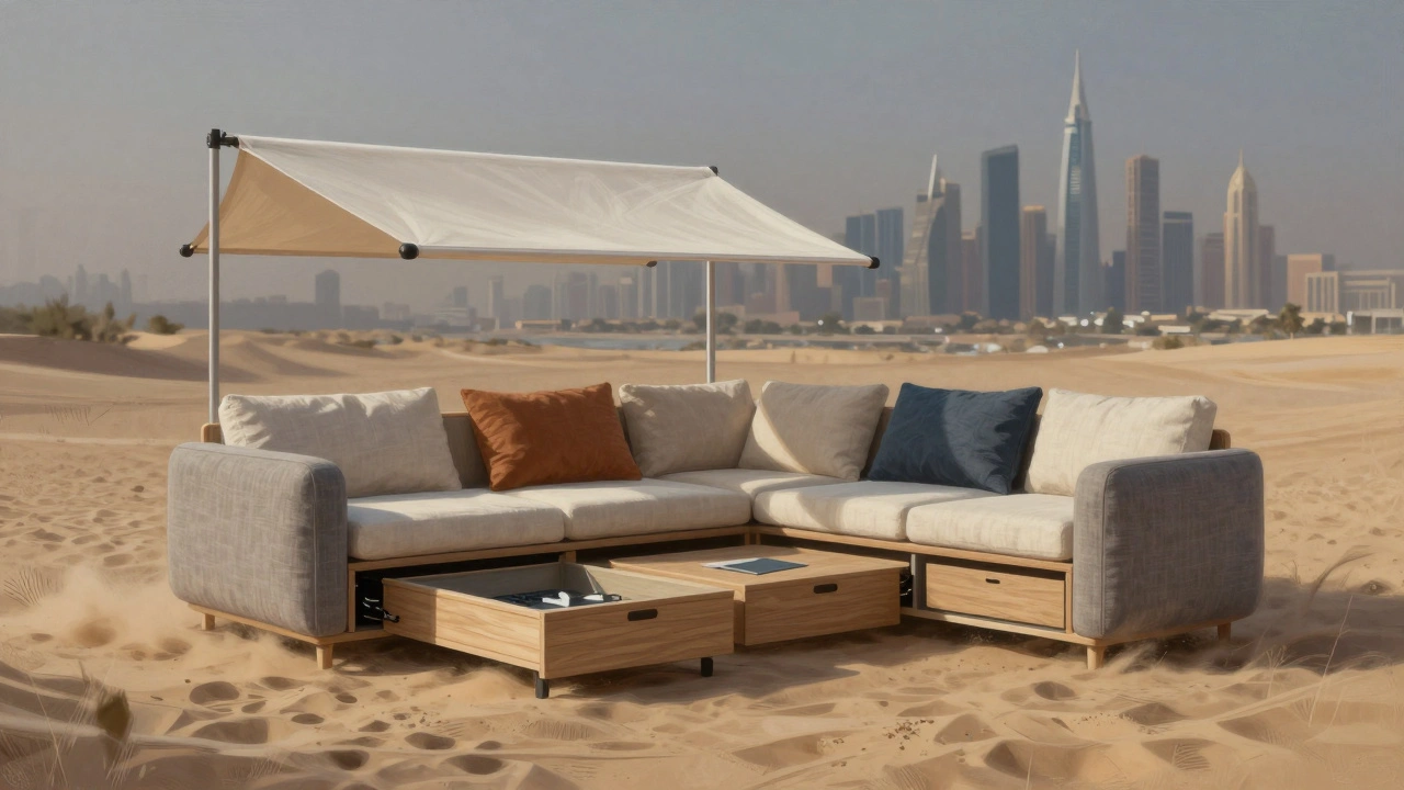 Modular furniture adapting to Dubai's climate with transforming sections and weather-resistant materials against a sunset skyline.