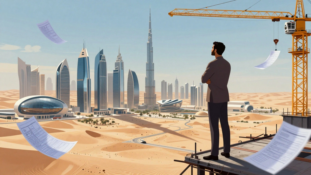 Mohammed Alabbar on a crane as desert transforms into a futuristic city beneath him.