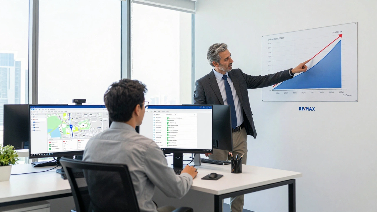 New RE/MAX agent learning from a mentor in a modern Dubai office with digital property dashboards on screen.