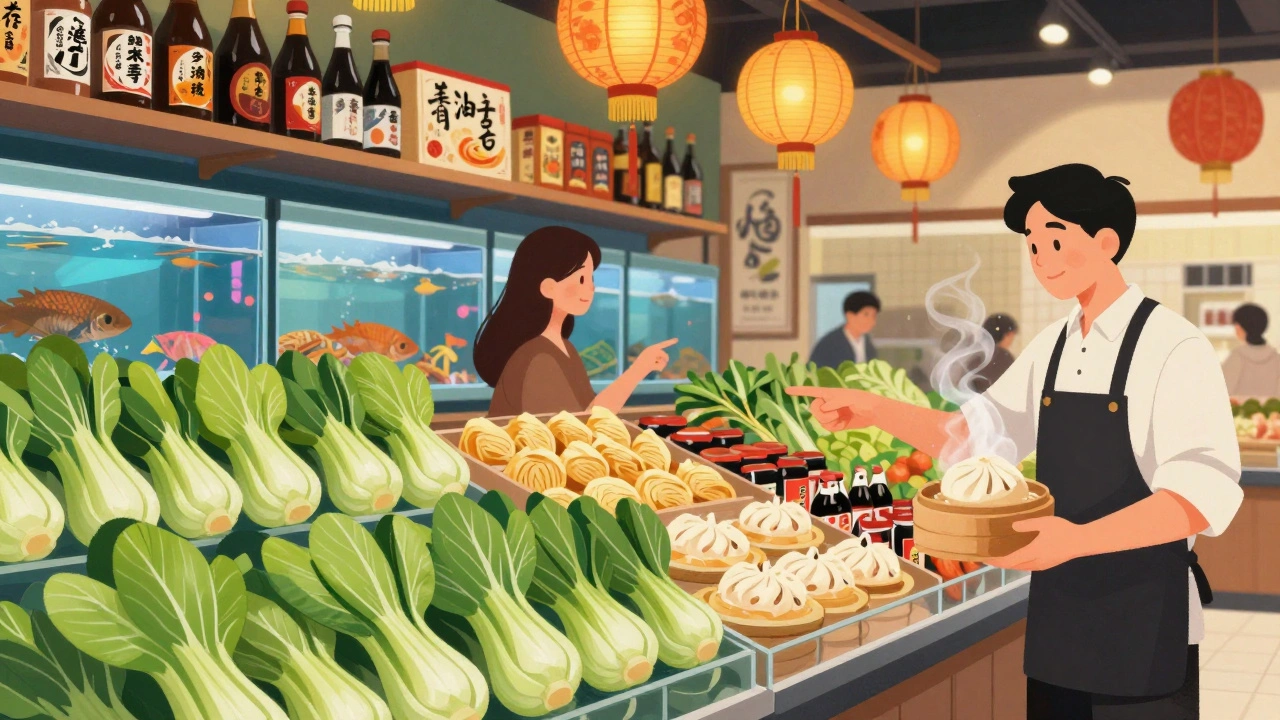 Panda Supermarket’s Asian produce section with live seafood, noodles, and staff helping a customer.