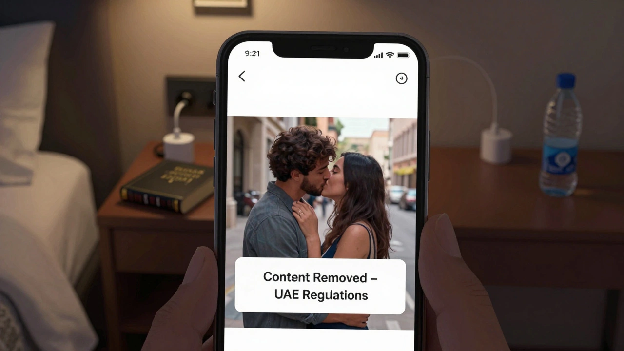 Smartphone showing a deleted photo of public affection, with travel essentials like adapter and water in background.