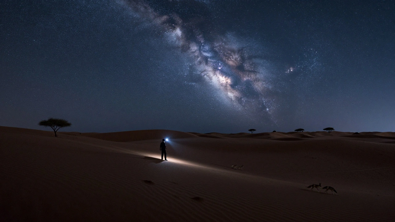Solitary figure under starry desert sky in Al Marmoom Reserve, footprints in the sand.