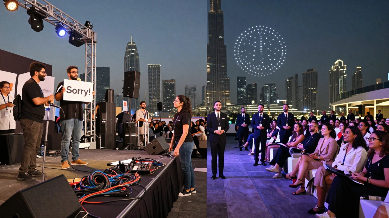 Split image comparing chaotic DIY event versus seamless professional event with Dubai skyline in background.