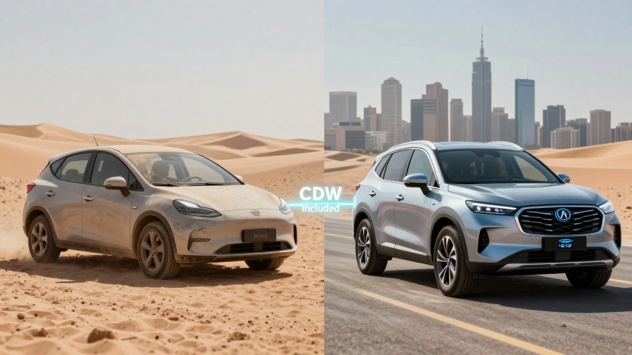 Split image comparing worn budget car with sleek premium SUV in desert setting