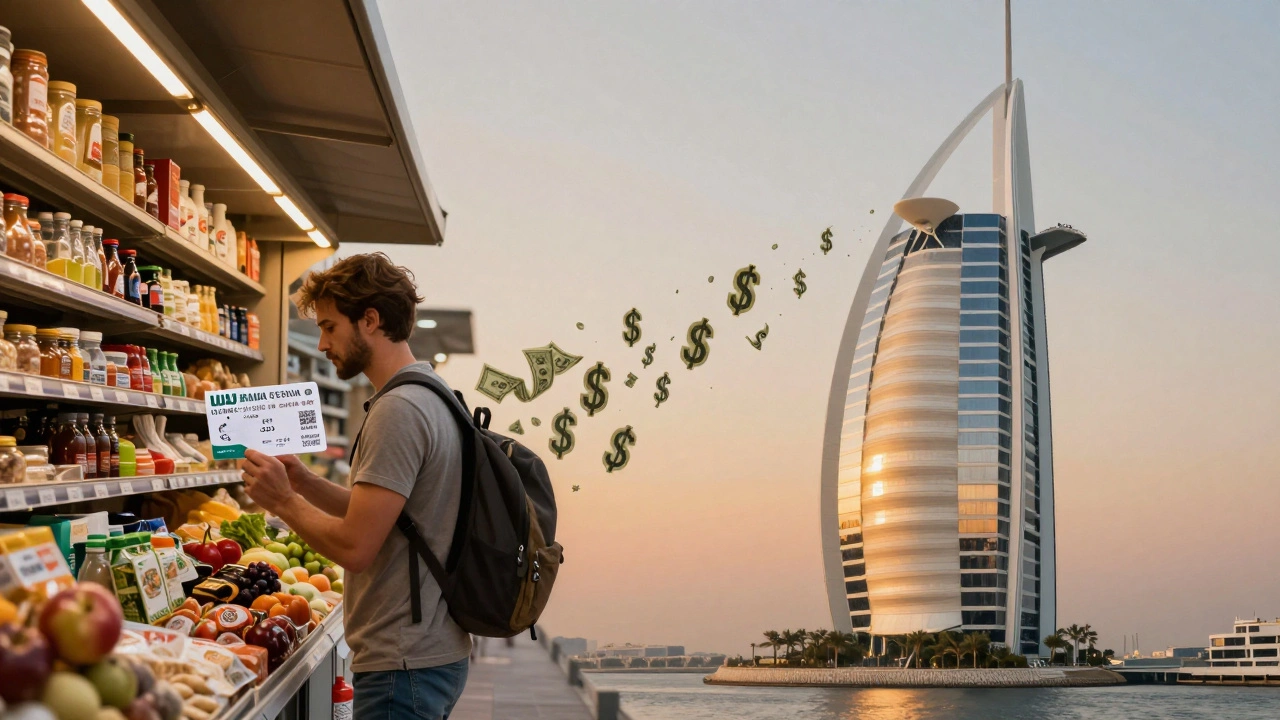 Split image showing a budget traveler shopping at a supermarket and a luxury hotel at sunset, symbolizing Dubai's cost contrast.