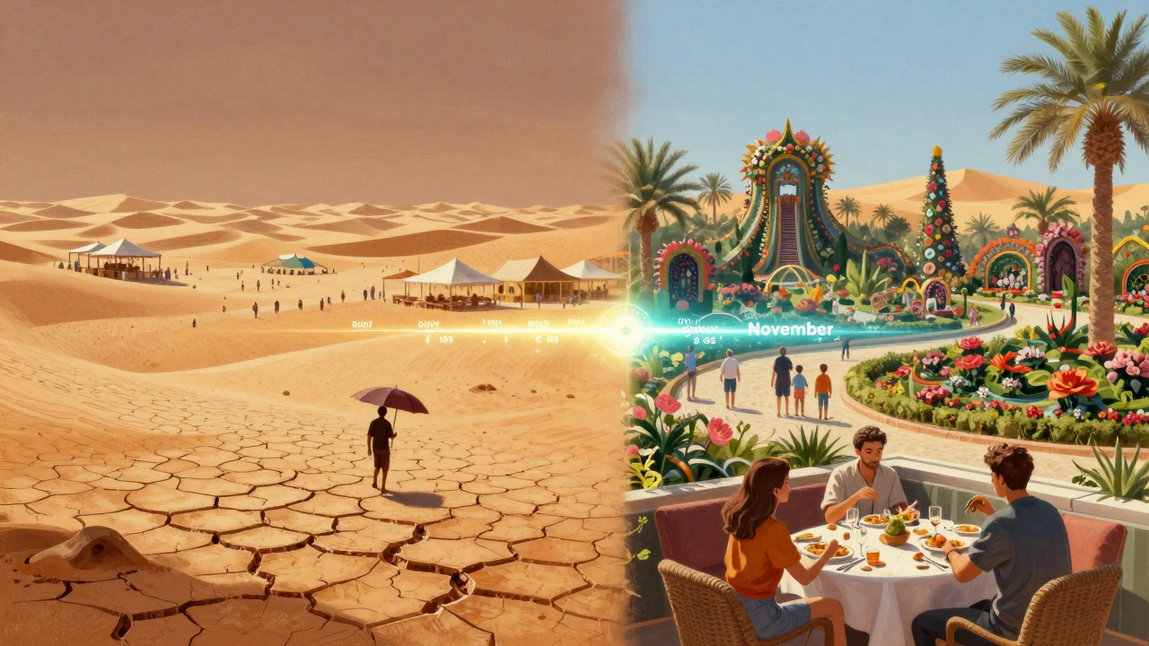 Split-season view of Dubai: scorching summer vs. ideal autumn weather.