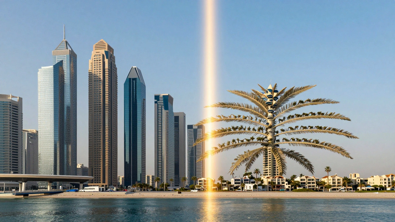 Split view comparing Business Bay’s urban towers with Palm Jumeirah’s beachside villas, connected by golden light.