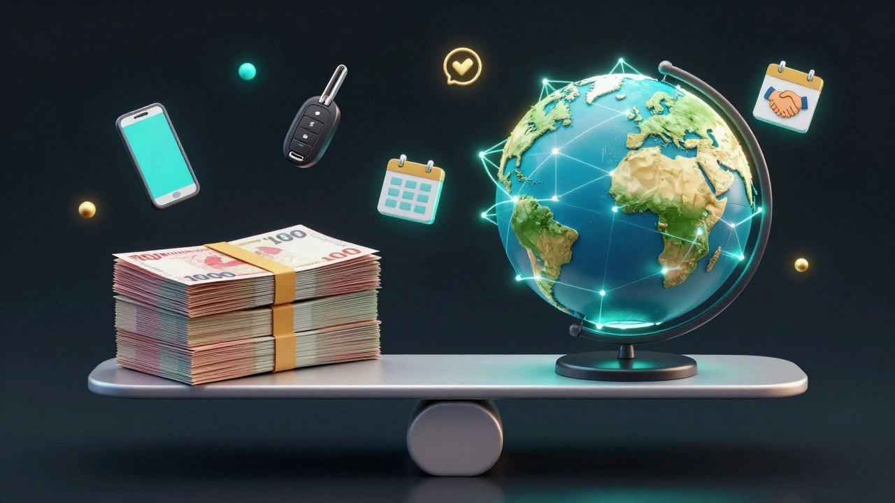 Symbolic scale balancing cash and global network icons representing commission-based real estate success in Dubai.