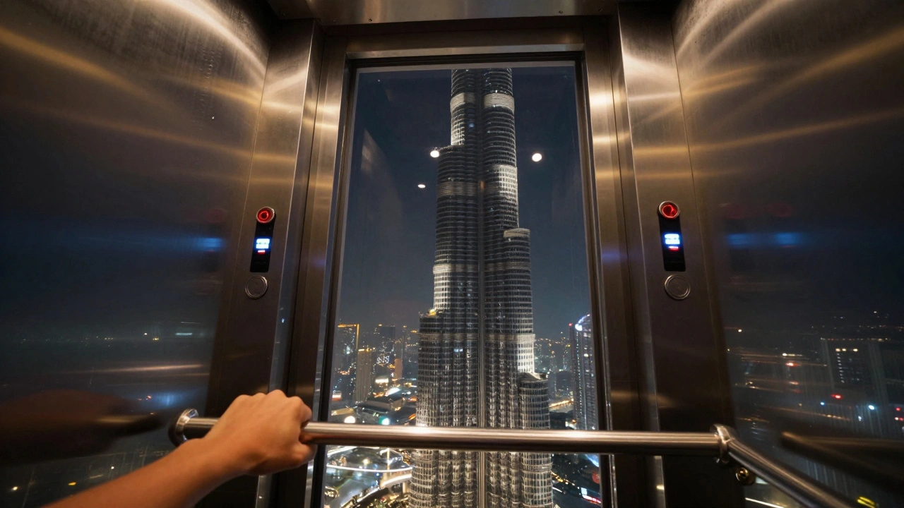 The high-speed elevator inside Burj Khalifa ascending with motion blur and glowing floor indicators.