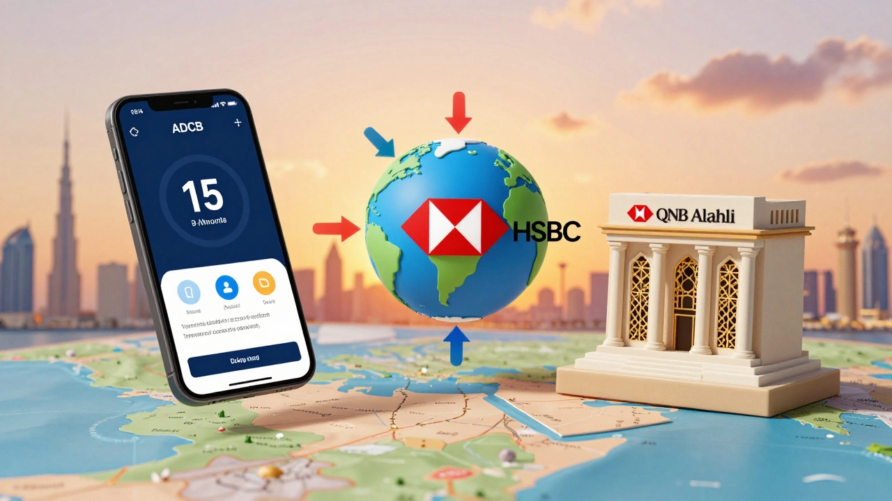 Three banking icons — app, globe, and Islamic bank — above Dubai skyline, representing top bank choices for residents.