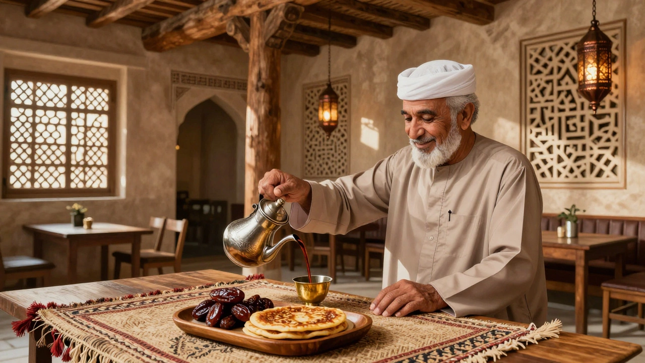 Traditional Emirati coffee being poured into a brass cup with dates and pastries on a wooden tray in a heritage courtyard.