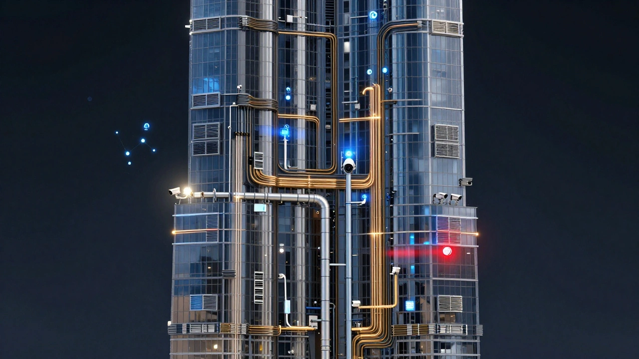 Transparent building showing internal systems like HVAC, electrical, and AI sensors working in harmony for smart facility management.