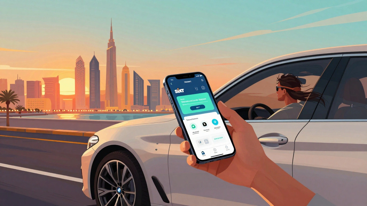 Traveler unlocking a luxury BMW using smartphone app at sunset in Dubai