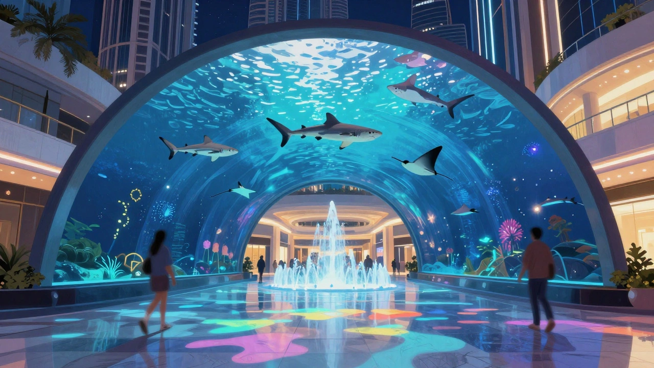 Underwater tunnel at Dubai Mall with sharks swimming above visitors.