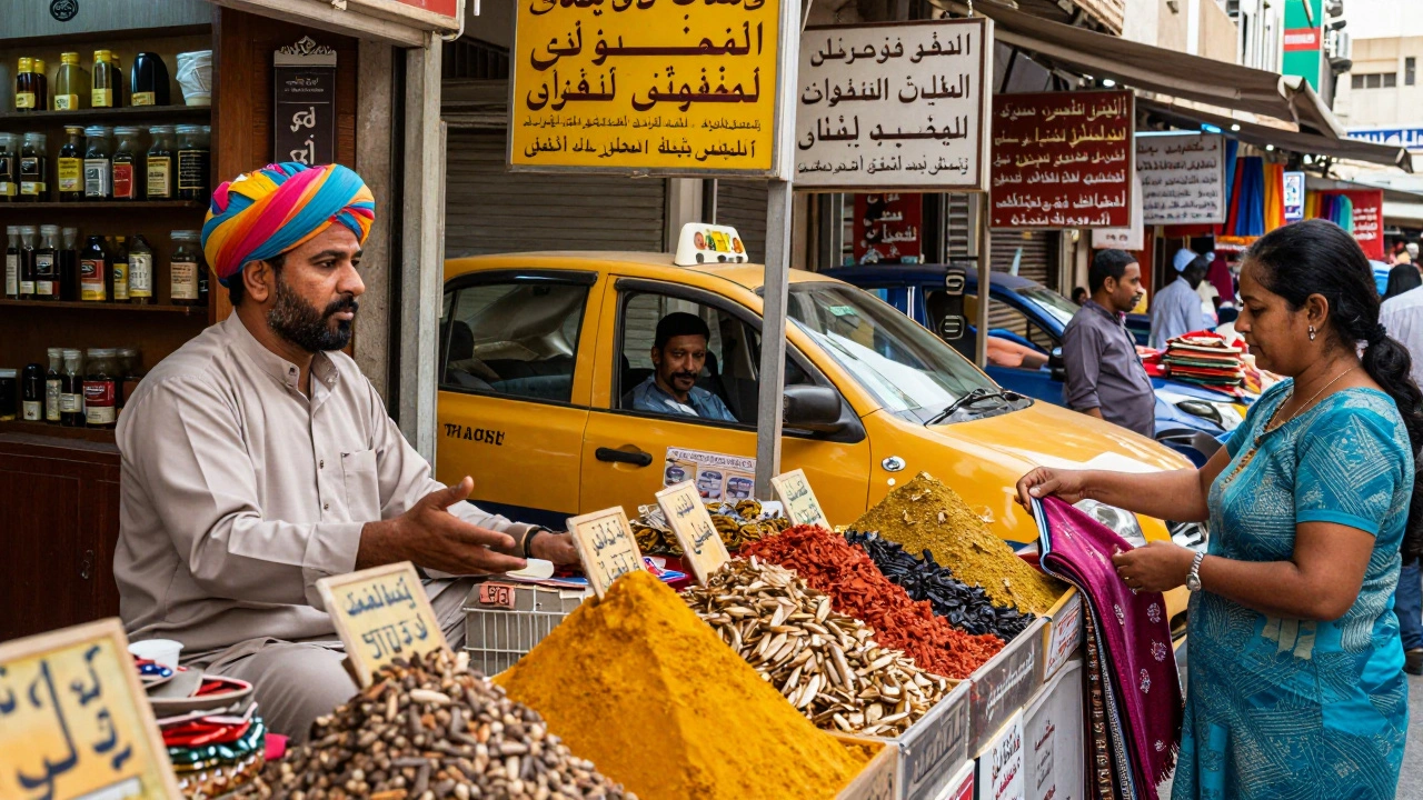 Vibrant Deira market scene with vendors and shoppers speaking Hindi, Urdu, and English, surrounded by bilingual shop signs.