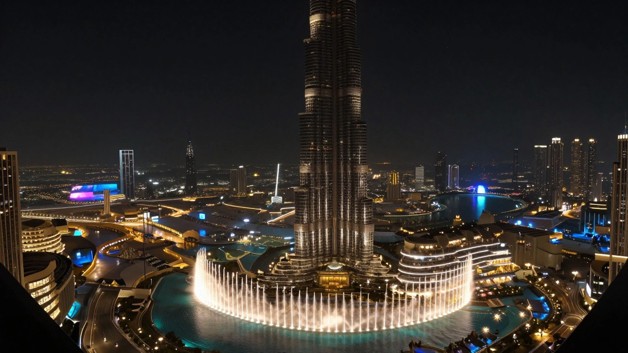 View of the Dubai Fountain from above the Burj Khalifa, showing a glittering water show against the dark city skyline.