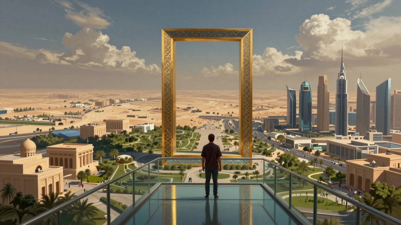 Visitor on the glass bridge of Dubai Frame, looking down at tiny figures below with city views stretching far.