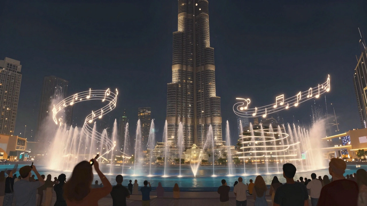 Water streams shaped like musical notes and arabesques dance above the lake, mirrored by the Burj Khalifa under twilight.