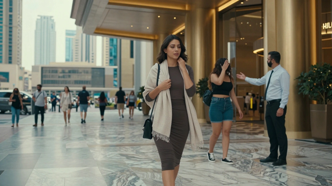 Woman in modest clothing covering her shoulders near Dubai Mall while another tourist is asked to dress more appropriately.