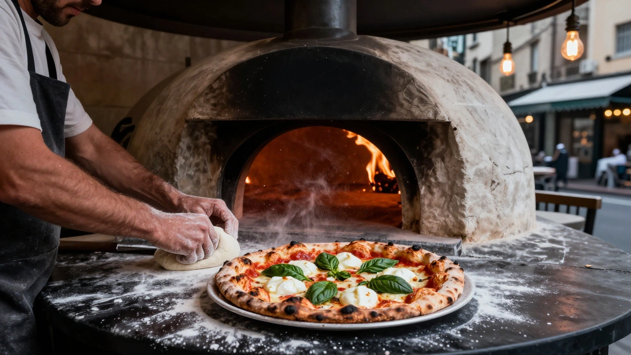 Wood-fired pizza oven at Il Forno with chef tossing dough and a perfect Margherita pizza fresh from the flames.