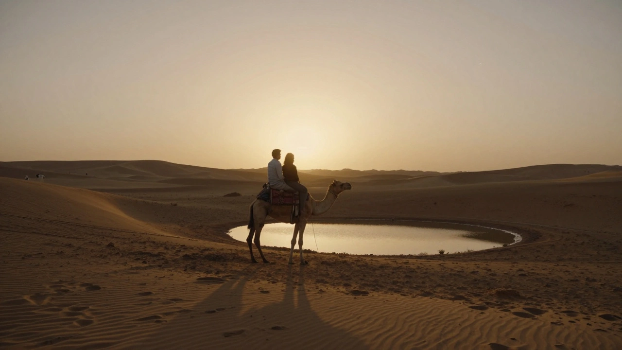 A couple riding a camel at dusk beside a quiet oasis, the desert stretching into a colorful sky.