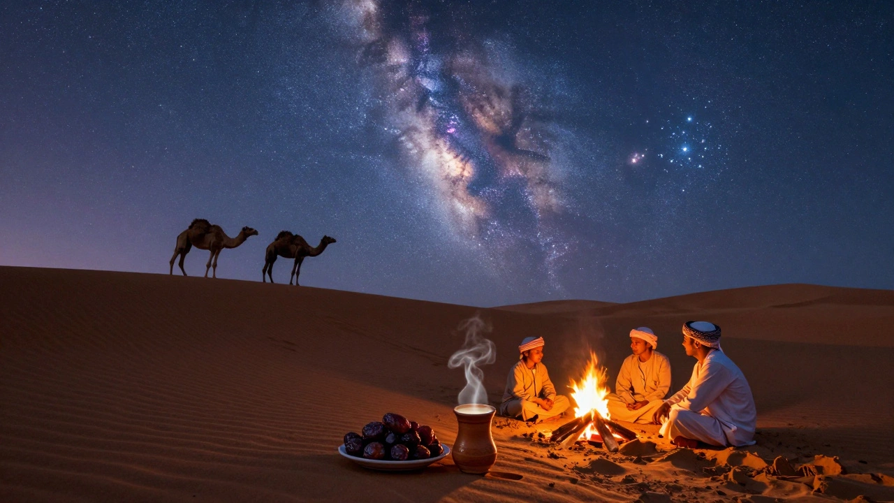 A desert at twilight with a camel, Bedouin family, and the Milky Way shining overhead.