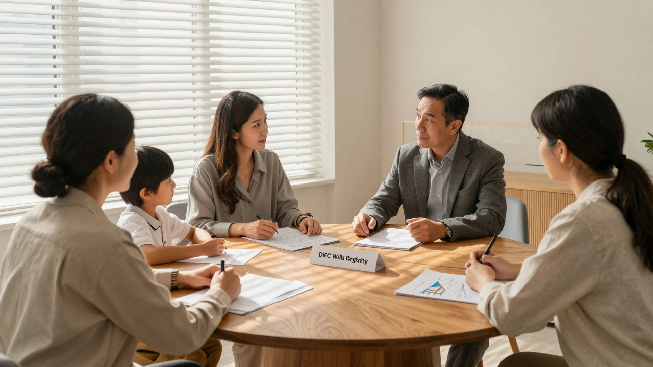 A family discusses wealth planning with a legal advisor in a modern Dubai office, surrounded by subtle signs of legacy.