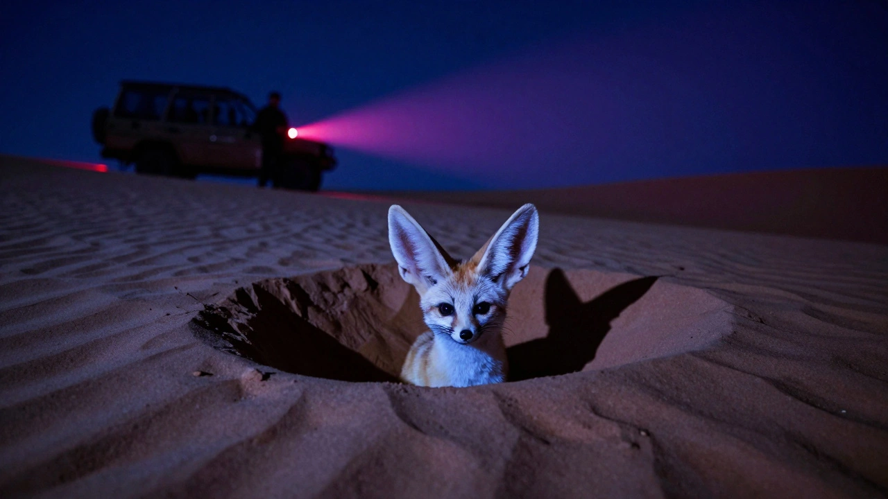 A fennec fox peeks from its burrow under moonlight during a night safari.