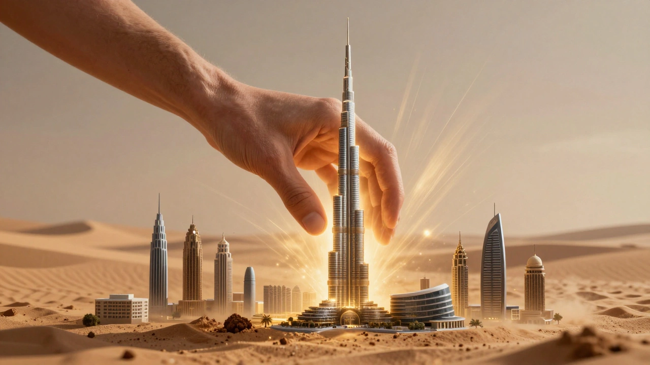 A giant hand placing the Burj Khalifa into the desert, with miniature landmarks being built around it in golden light.