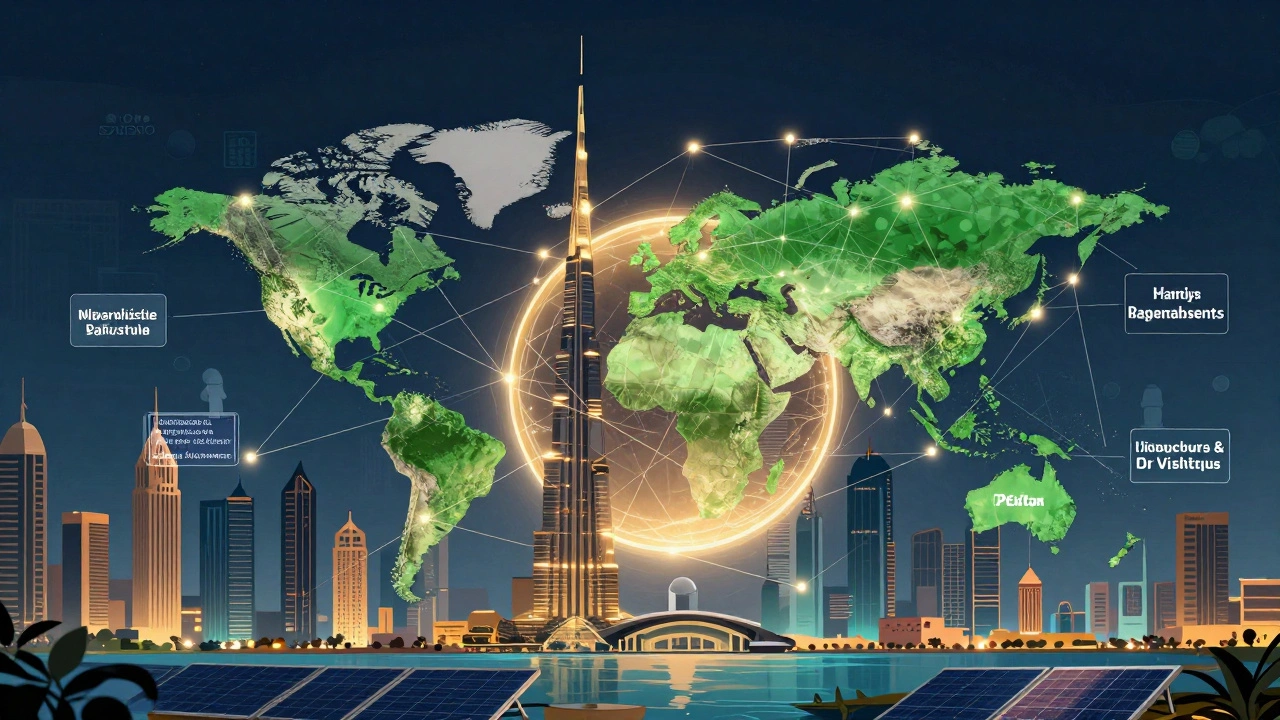 A glowing network of light connecting Dubai to global development projects in Africa and Asia, symbolizing the World Bank’s influence.
