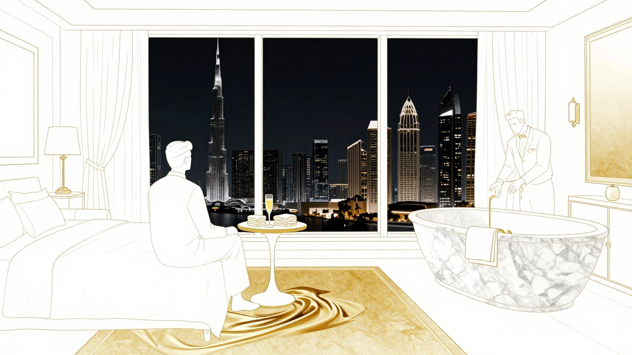 A guest in a lavish suite overlooking Dubai's skyline, a butler placing champagne on a table.