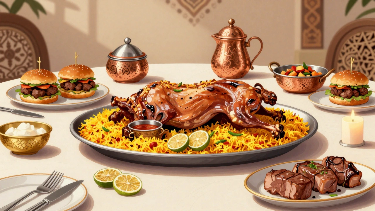 A luxurious Emirati feast with roasted lamb, saffron rice, and camel burgers on a decorated table.