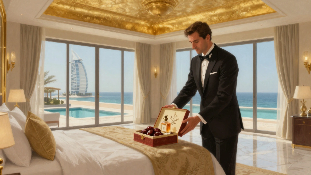 A luxury butler placing a personalized gift on a lavish bed with gold ceilings and ocean views.