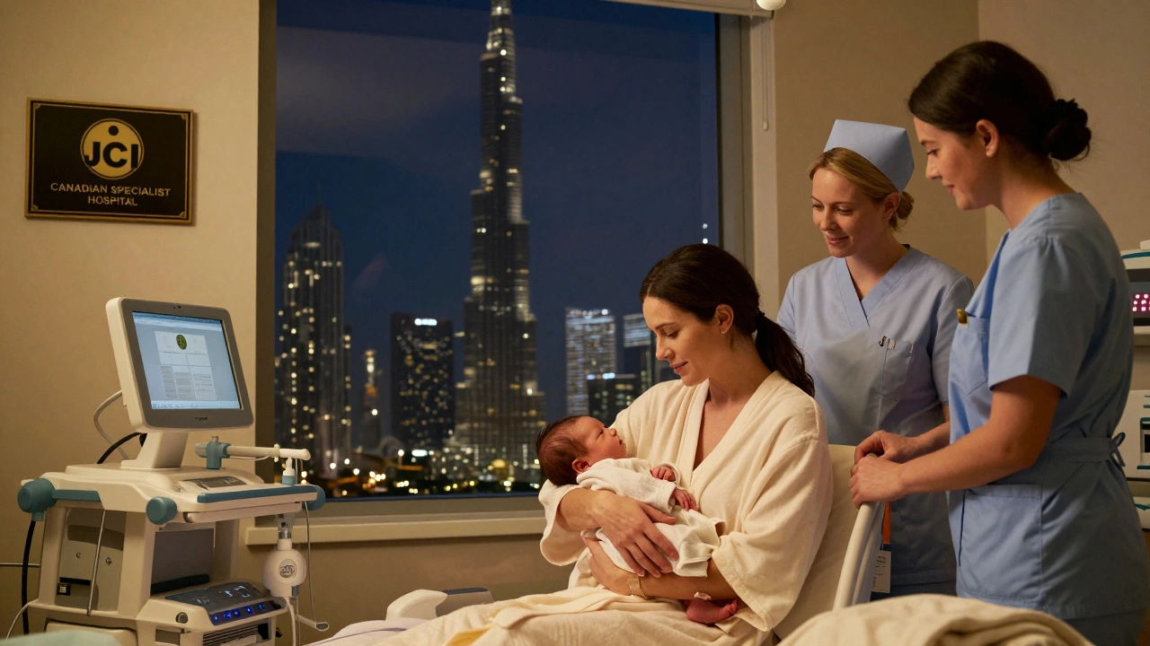 A mother holds her newborn in a luxurious birthing suite with the Burj Khalifa visible through the window.