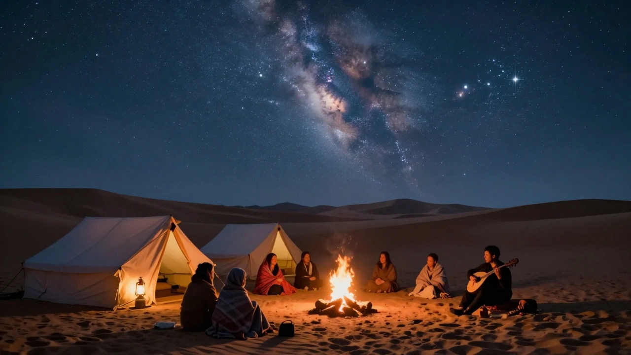 A peaceful desert camp under a starry night with tents, firelight, and guests gazing at the stars.
