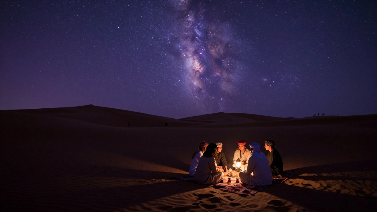 A peaceful desert dune at night with a small group sitting under a blanket, lantern light and stars above.