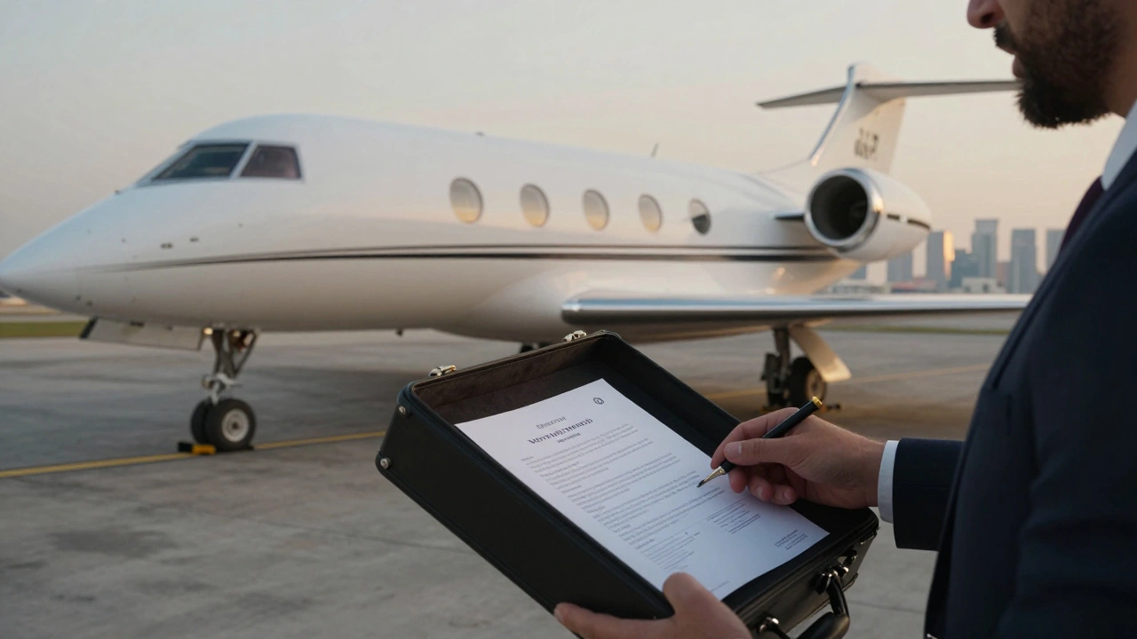 A private jet on a quiet tarmac as a bank concierge delivers important documents to a client.