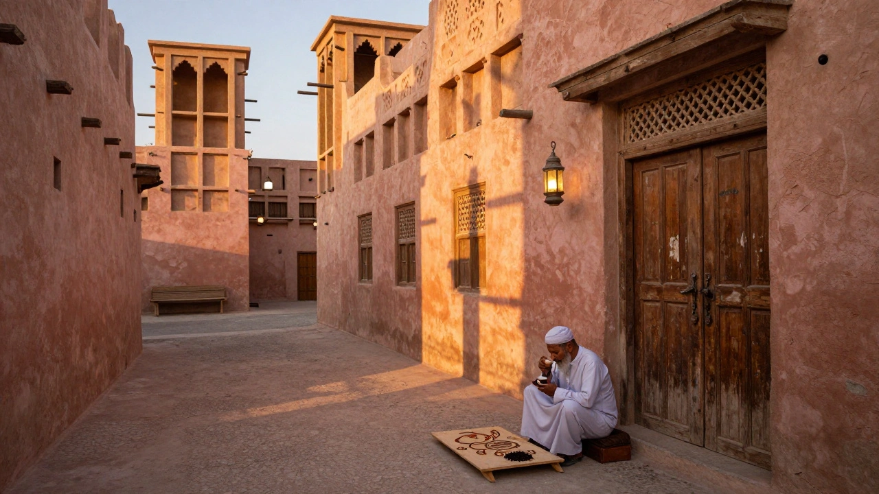 A quiet courtyard in Al Fahidi with an elder drinking coffee and an artist creating sand art.