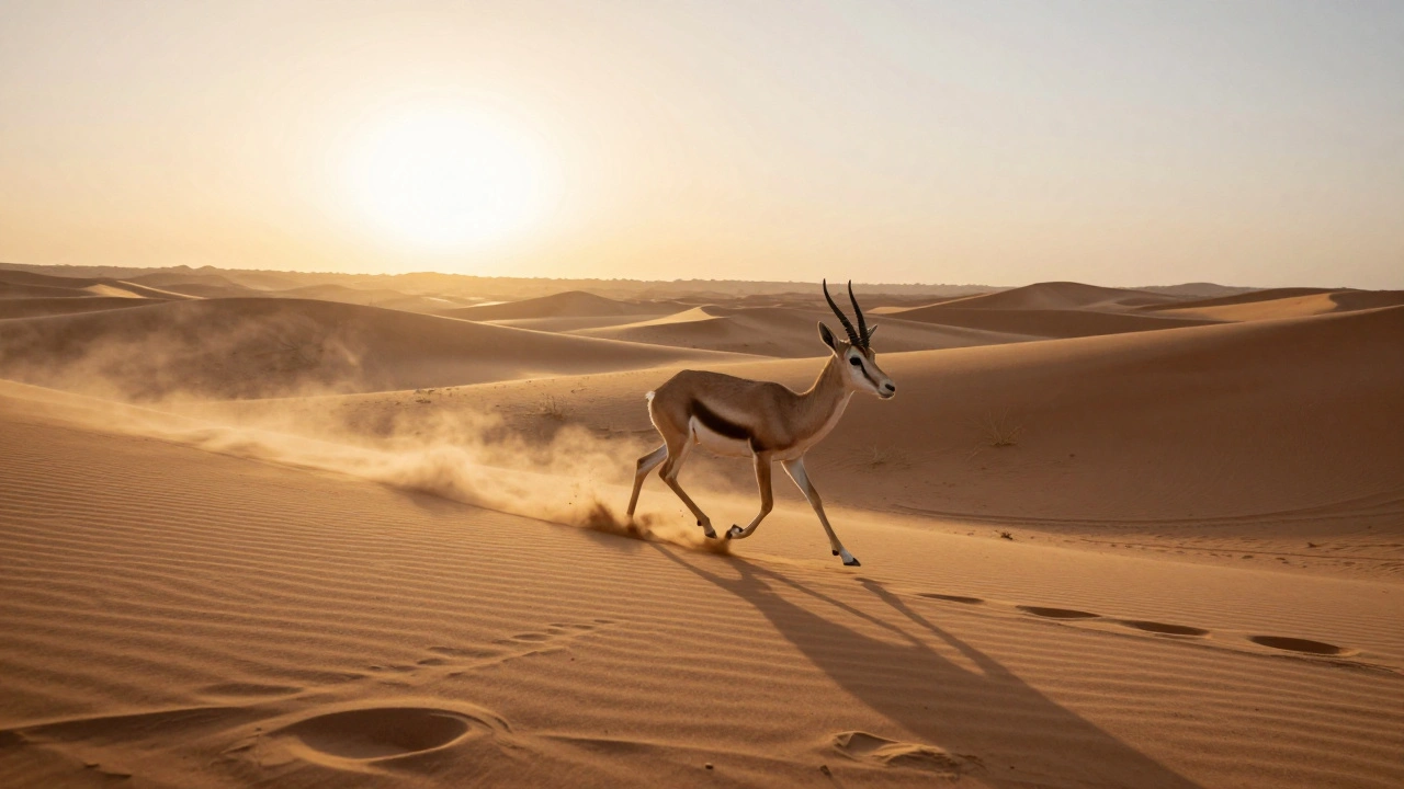 A sand gazelle sprints across golden dunes at dawn, kicking up dust.