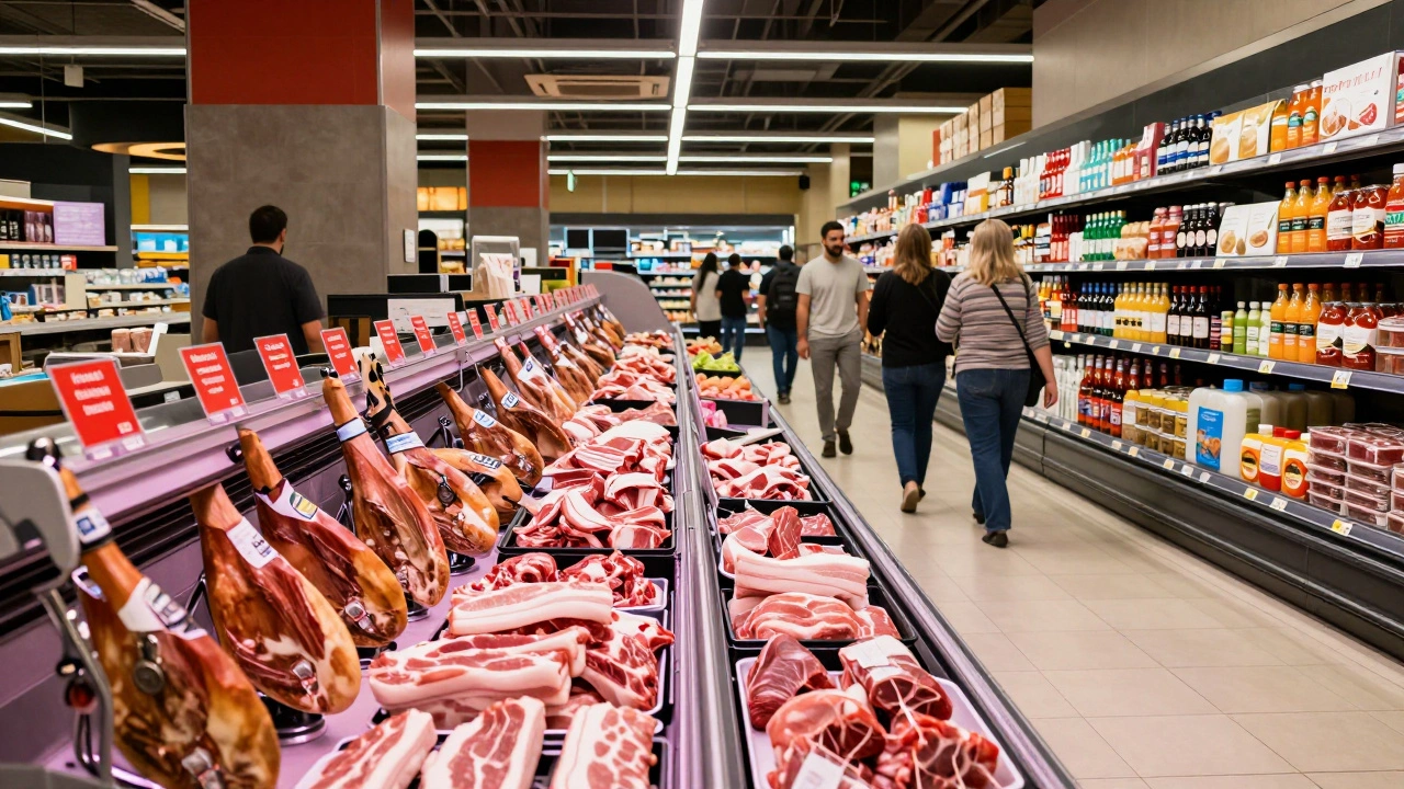 A supermarket pork section in Dubai with red-labeled meats displayed separately from halal products.