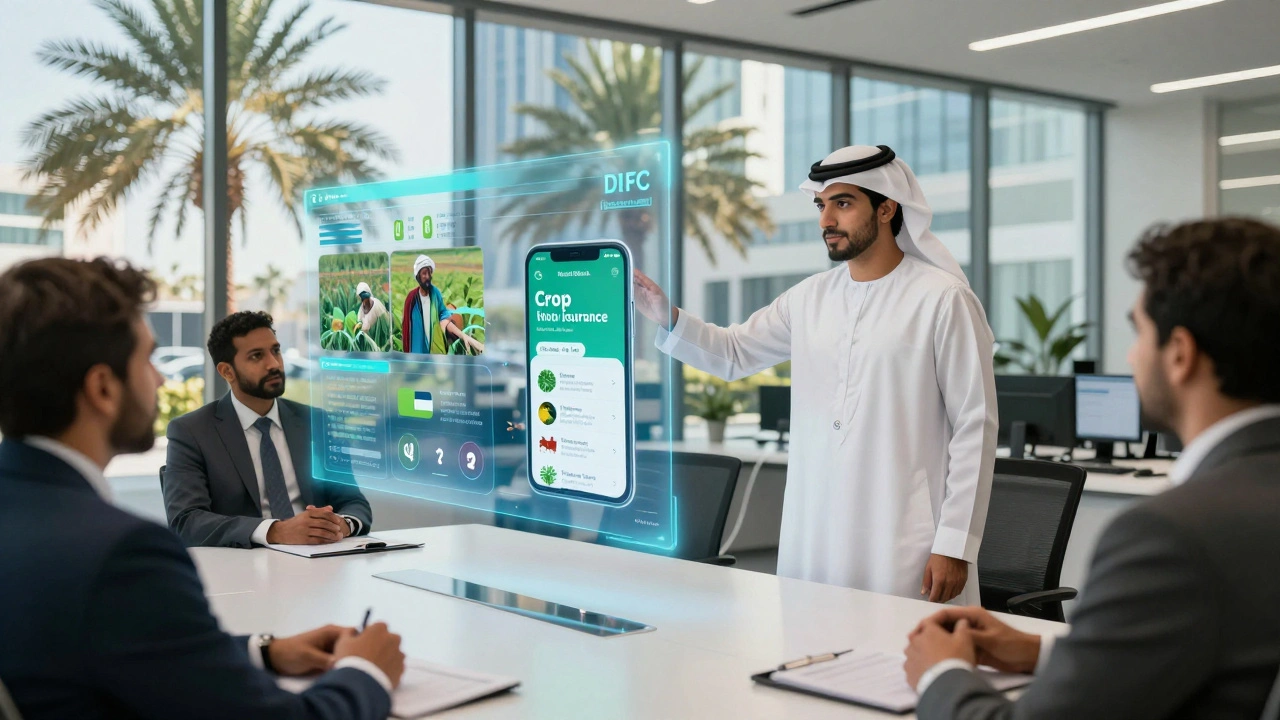 A young Emirati entrepreneur showcasing an AI app for crop insurance to World Bank officials in a high-tech Dubai lab.