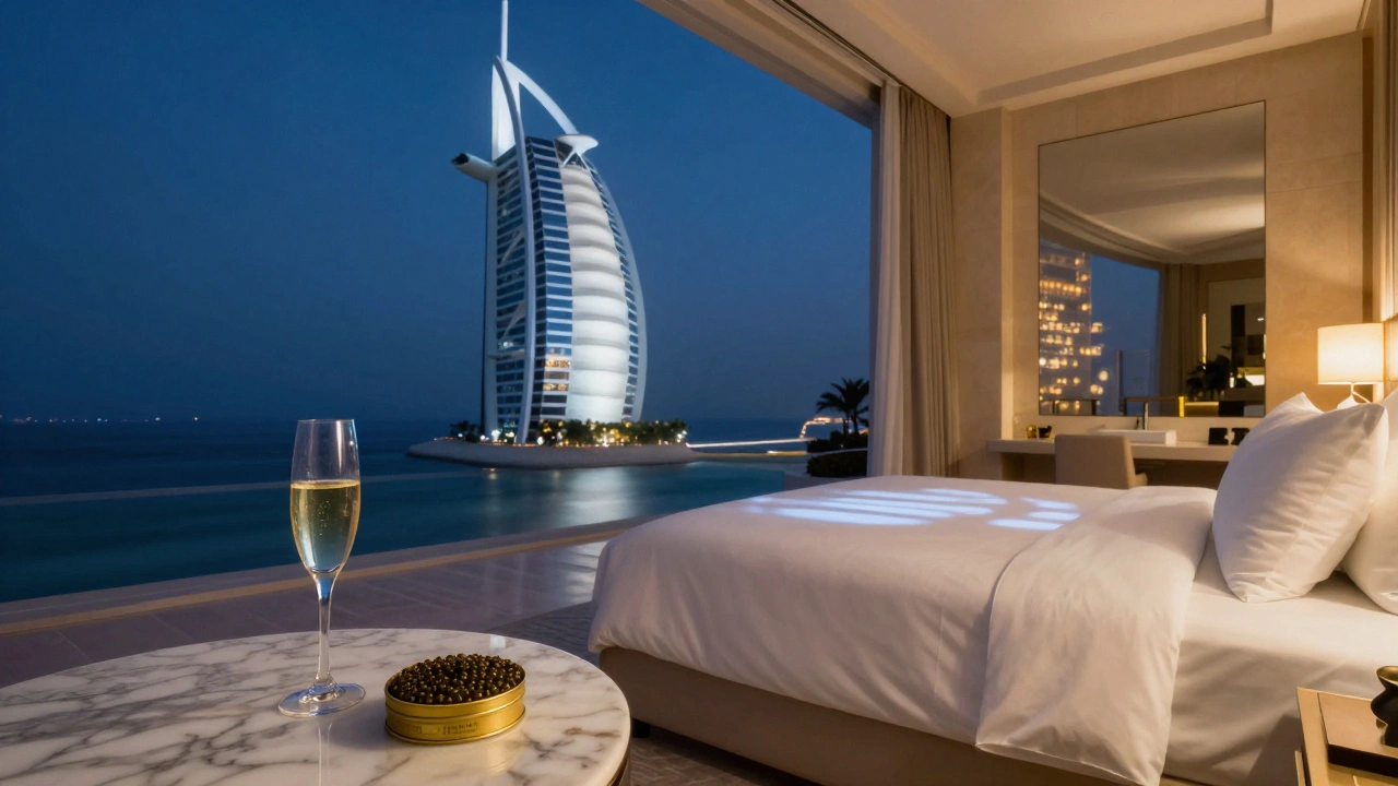An empty opulent suite at night, illuminated by soft light projections and reflecting the sea.