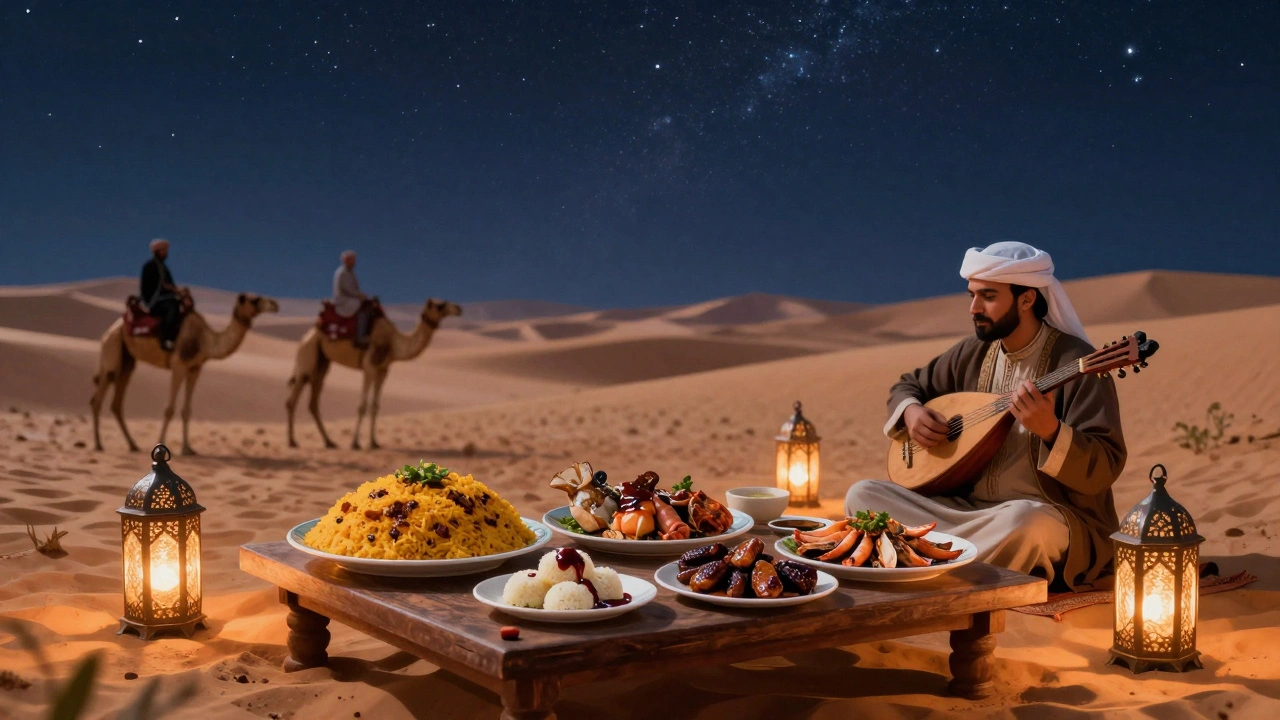 Desert dinner under stars with traditional Emirati food and camel riders in the distance.